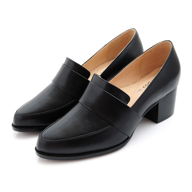 原皮黑色 全真皮素面粗跟 乐福鞋 女鞋 休闲鞋 台湾手工鞋 - 女款牛津鞋/乐福鞋 - 真皮 