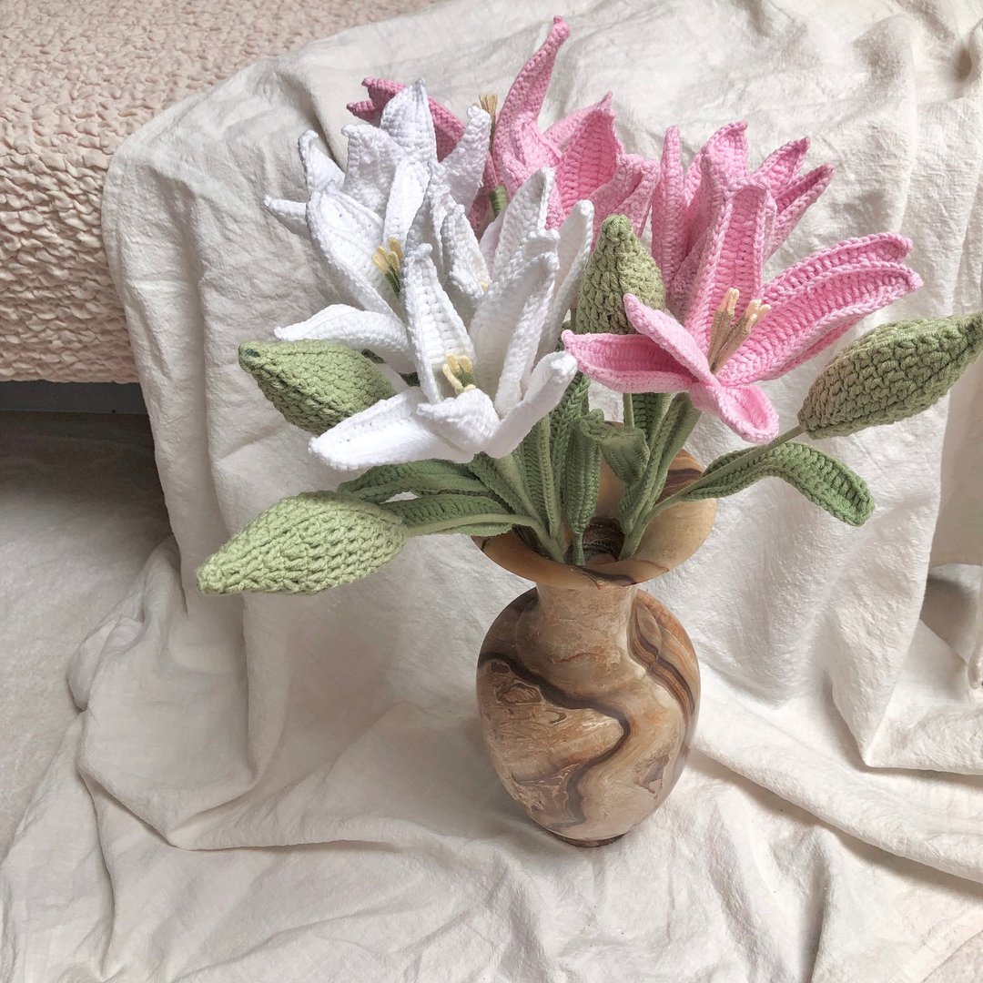 手工钩织花朵摆件|手作百合花/勿忘我毛线花束|婚礼花束家居装饰 - 摆饰 - 棉 粉红色