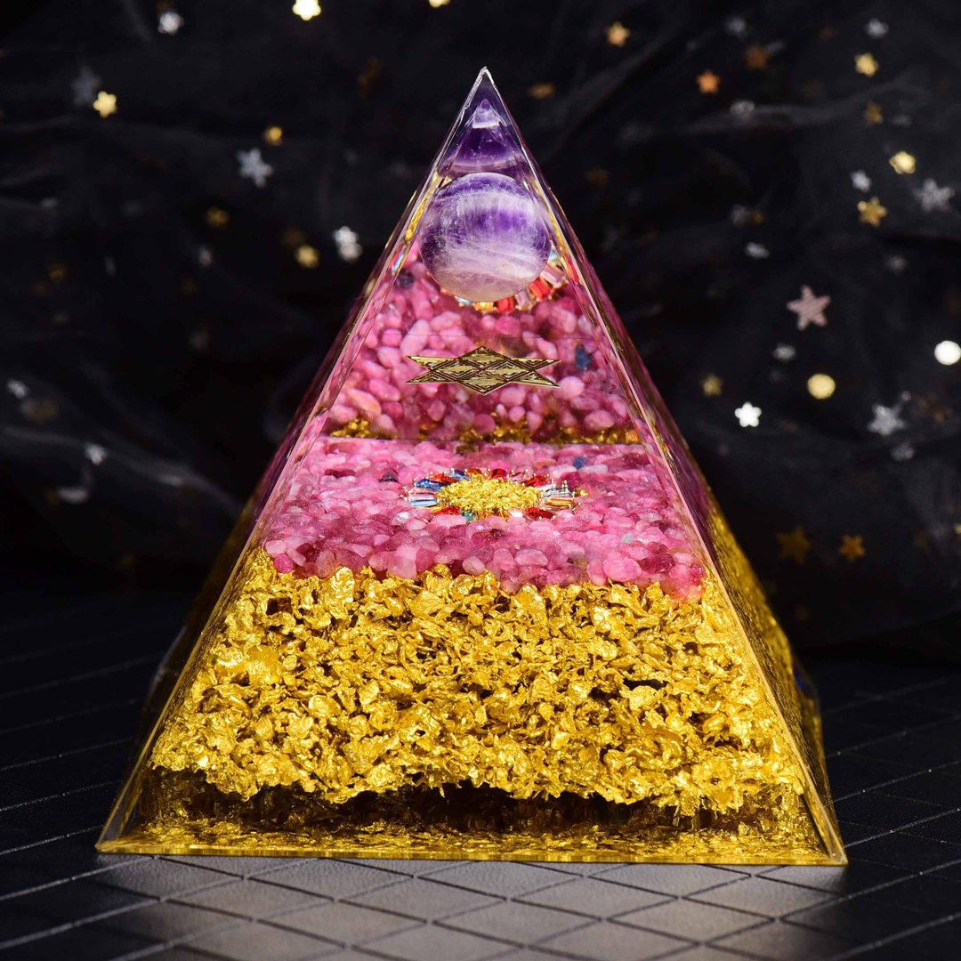 8cm大亚克力金字塔奥根塔Orgonite/脉轮/爱情/能量紫水晶/红碧玺 - 摆饰 - 树脂 