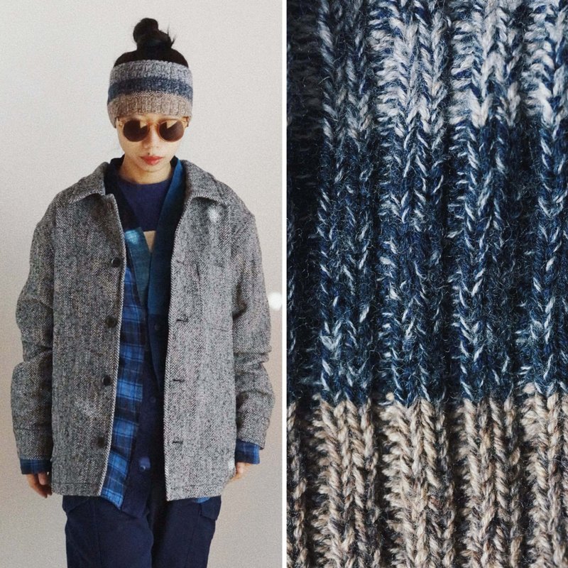 羊毛和柞蠶絲混線手工織 保暖脖套卷邊發帶 中性拼色款 - 发带/发箍 - 羊毛 蓝色