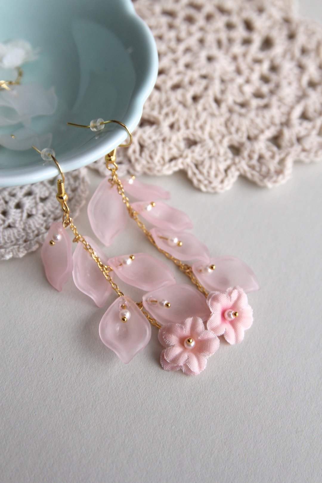 耳环 饰品 花耳环 花办耳环 珍珠耳环 干花耳环 少女风 日系作品 - 耳环/耳夹 - 植物．花 粉红色