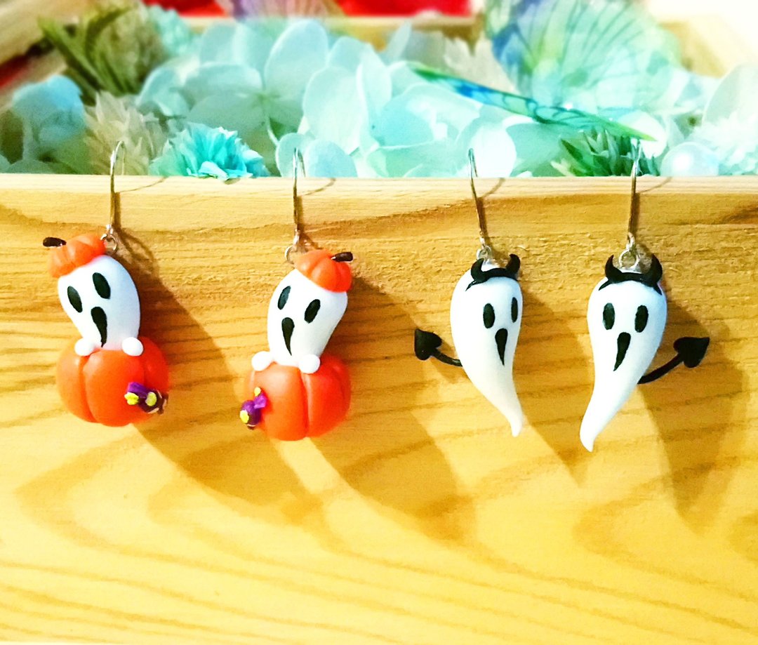 【万圣节限定】南瓜小恶魔鬼魂 纯银耳环/耳夹 - 耳环/耳夹 - 粘土 白色