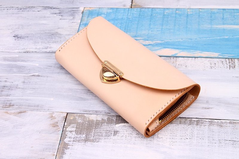 【切线派】真皮纯手工插扣风琴"L"字拉链长款钱包 - 手拿包 - 真皮 粉红色