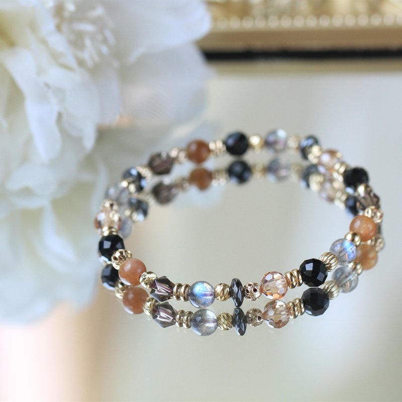 拉长石 黑碧玺 骨干太阳石。布达佩斯。开运招财贵人避邪水晶手链 - 手链/手环 - 水晶 金色