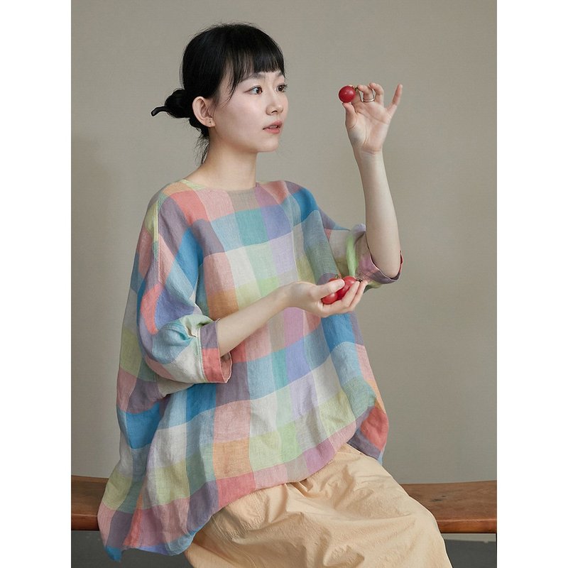 圆领前后两穿薄款宽松汉麻格子大衬衫 - 女装衬衫 - 棉 