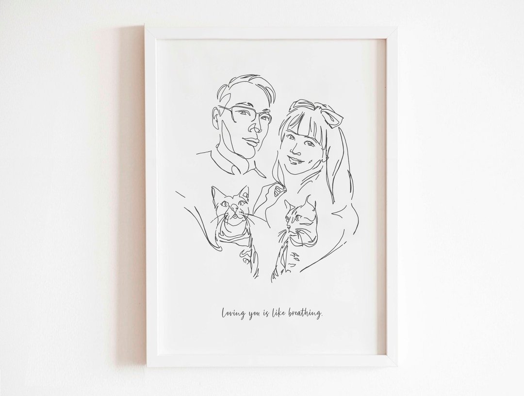 全家福 时尚简约线条画 4人 订制画 宠物画 生日礼物 定制化礼物 - 订制画像 - 纸 白色