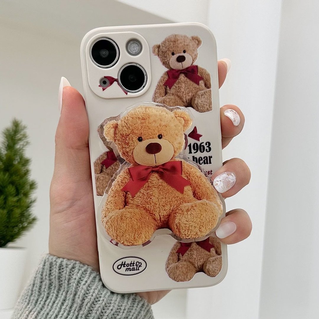 红色丝带小熊 iPhone 手机壳 Grip 智慧托克套装 - 手机壳/手机套 - 硅胶 咖啡色