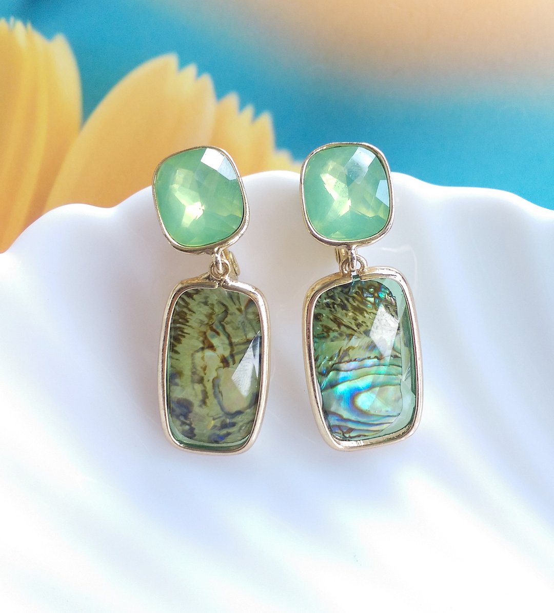 Vintage Jewelry 西洋古董饰品 碧海绿 夹式耳环 - 耳环/耳夹 - 其他金属 金色