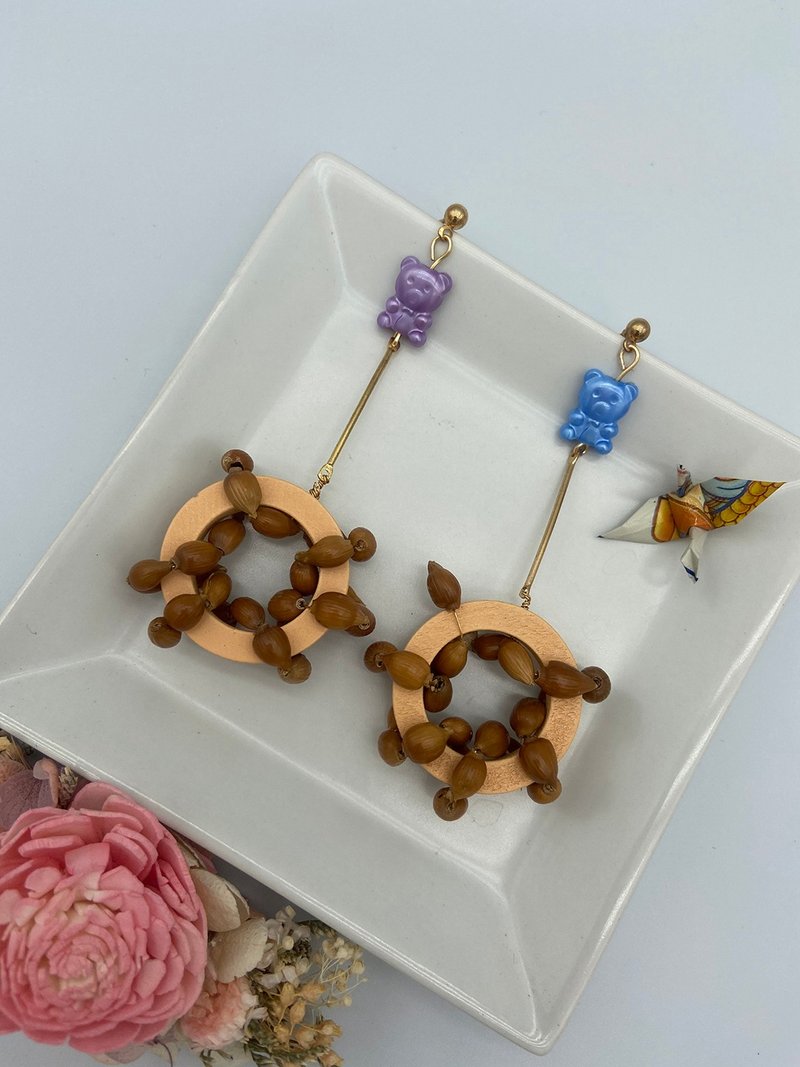 森林之歌 - 耳环/耳夹 - 木头 卡其色