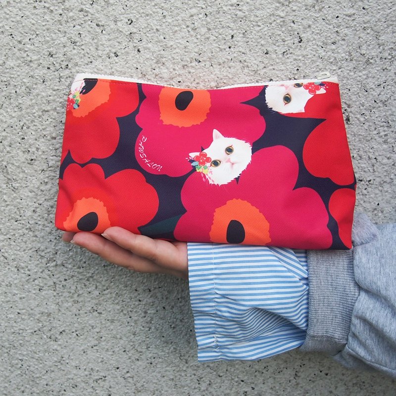 猫咪 防水化妆包 收纳包 杂物包 手做布包 - 化妆包/杂物包 - 防水材质 红色