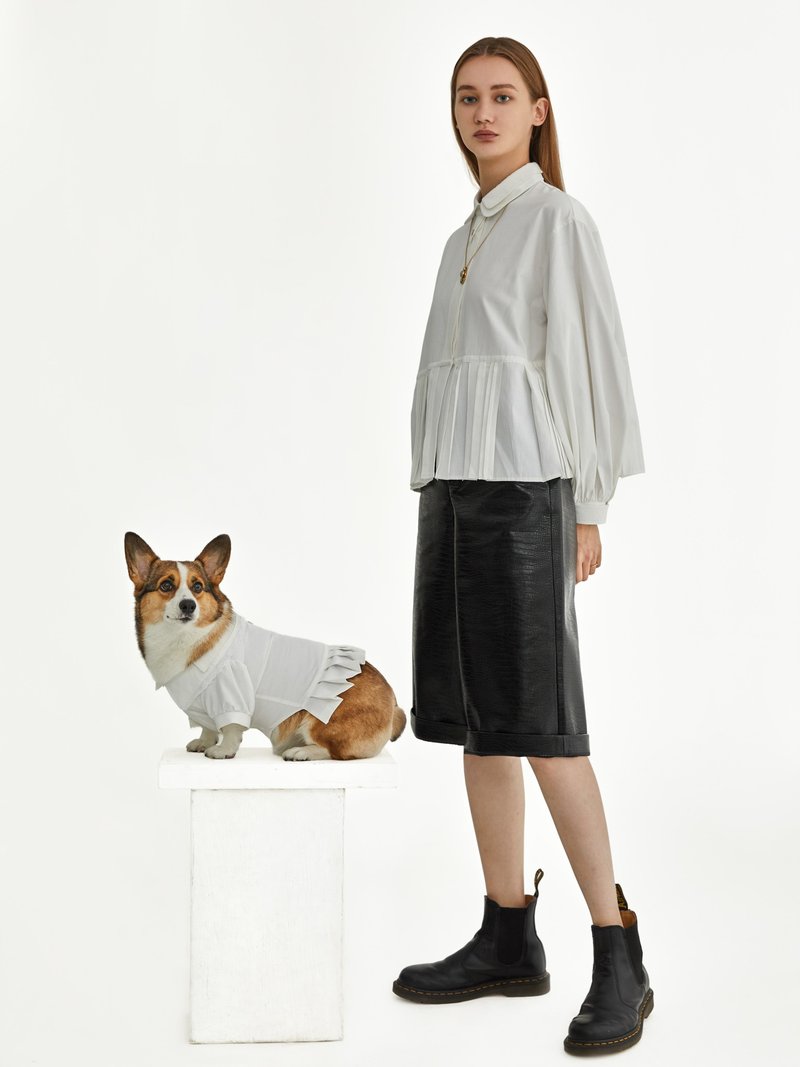 2020秋冬短款百褶衬衫宠物亲子装 - 女装衬衫 - 棉．麻 白色