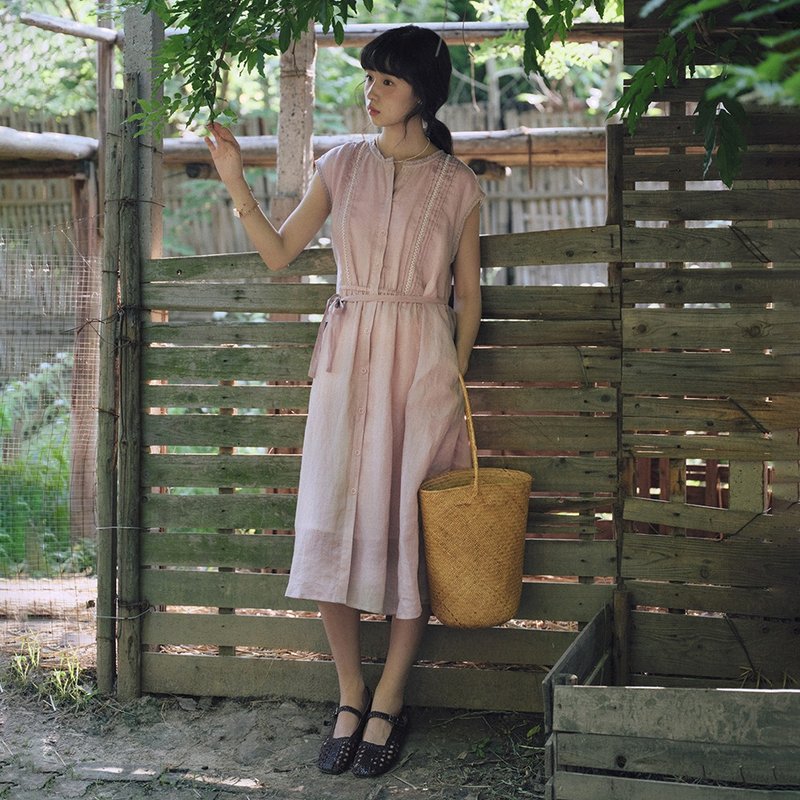 树莓粉系带连衣裙|洋装|夏款|Sora-1824 - 洋装/连衣裙 - 棉．麻 粉红色