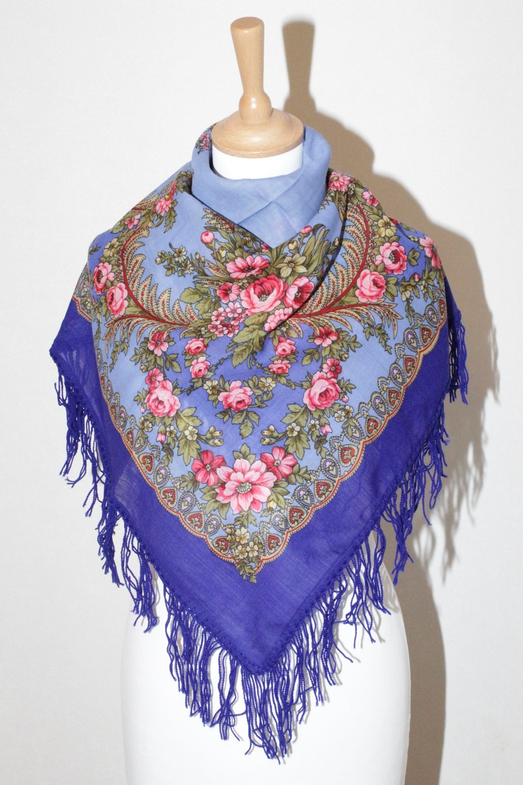 正品 Павло́во Поса́д 俄罗斯披肩围巾 柔顺 100% 羊毛 89x89 厘米 1264-14 - 丝巾 - 羊毛 蓝色