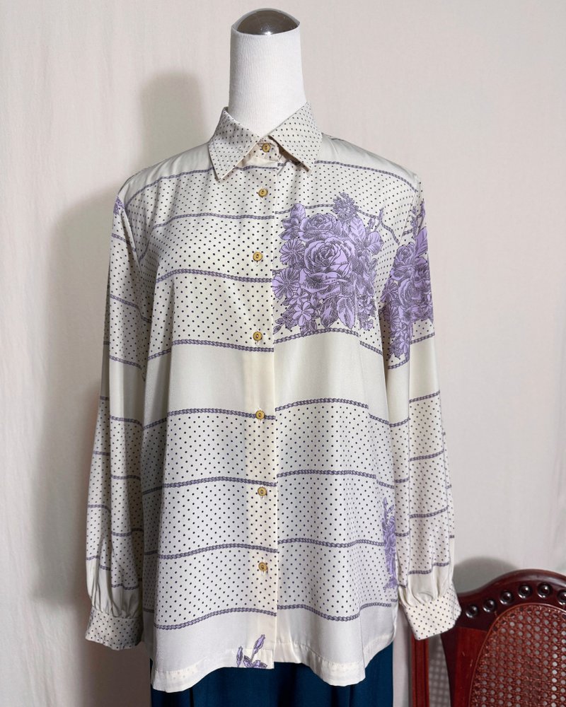 pierre balmain 紫色花朵点点长袖古着衬衫/ 国外带回 VINTAGE - 女装衬衫 - 聚酯纤维 紫色