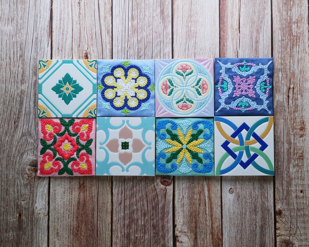 【618限定 DIY】俄罗斯刺绣材料包. 花砖杯垫+教学影片 - 编织/刺绣/羊毛毡/裁缝 - 棉 蓝色