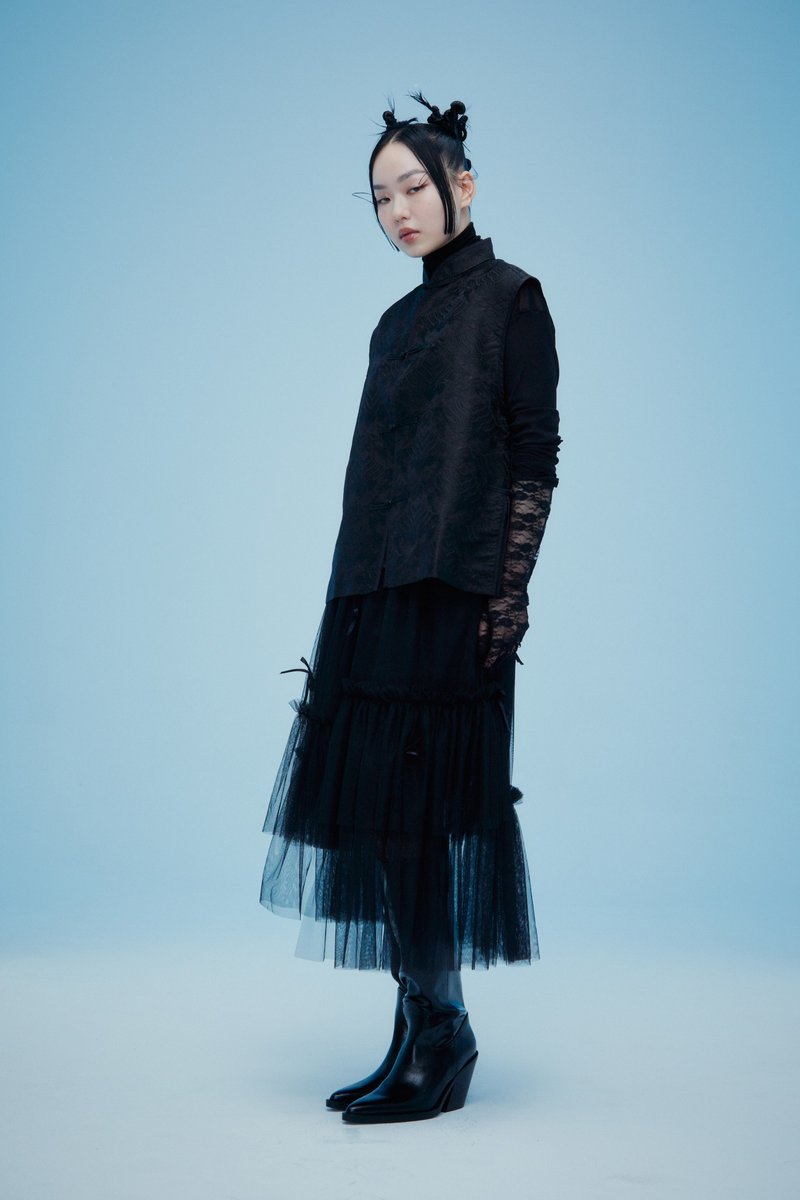 烦恼心黑色不对称蝴蝶结纱裙 - 裙子 - 聚酯纤维 黑色