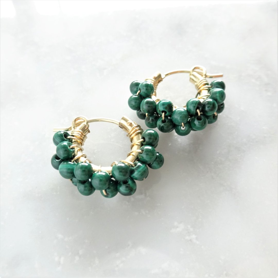 14kgf * Malachite wrapped pierced earring / earring - 耳环/耳夹 - 宝石 绿色