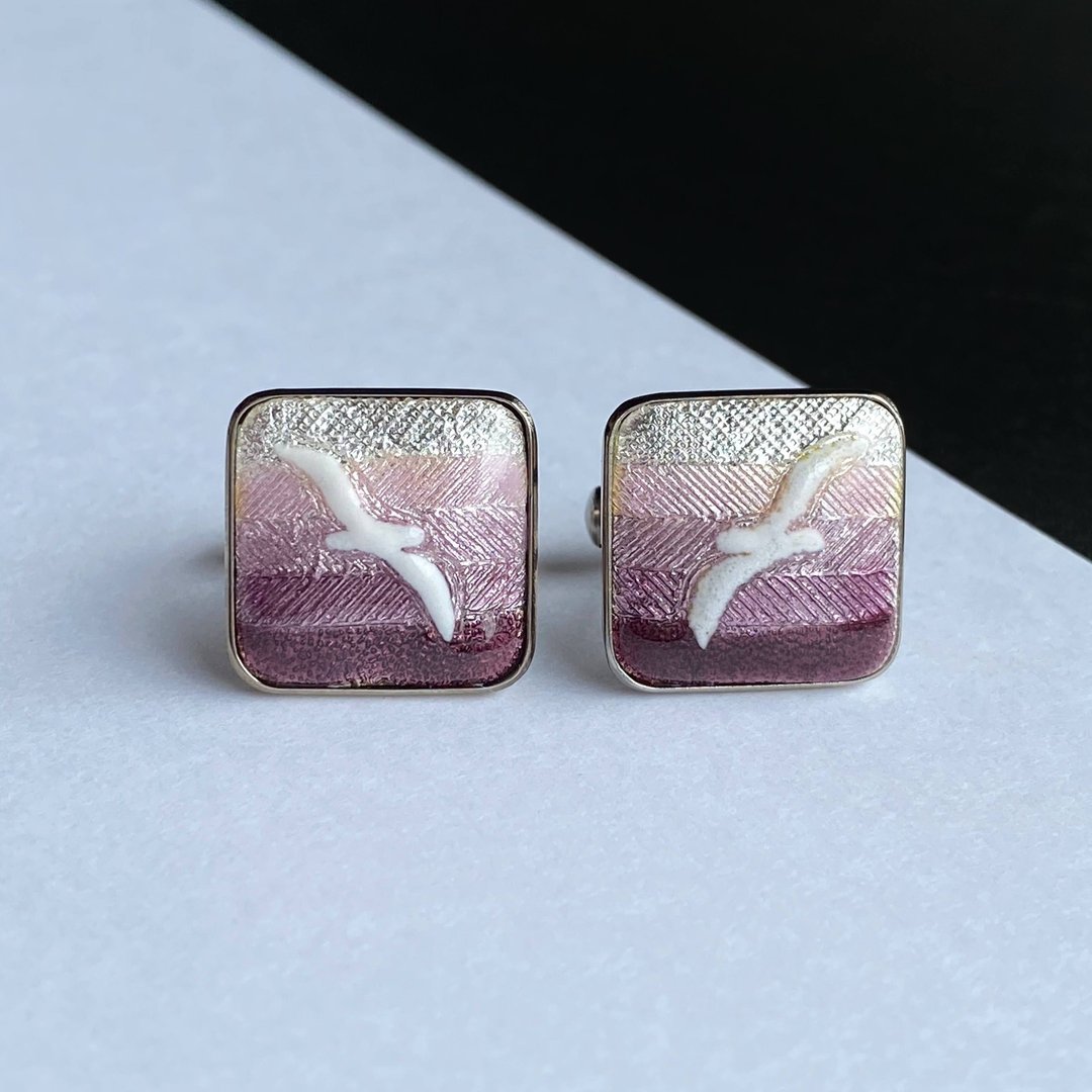 Seagull [Violet Violet] Cloisonne Cuff Button Cufflinks Pure Silver Foil Cloisonne - 袖扣 - 其他材质 紫色