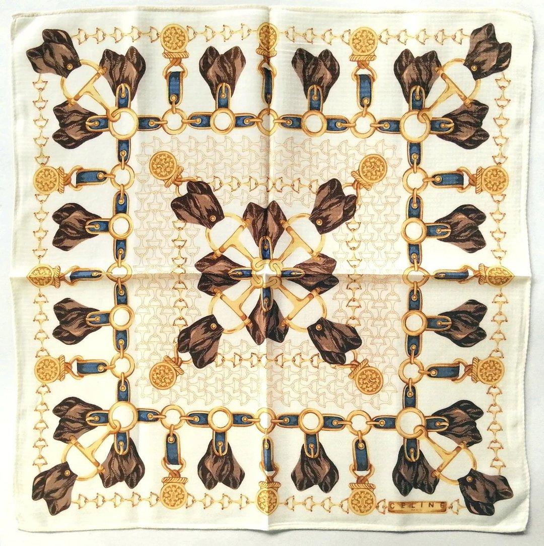 Celine 古董丝巾 - 手帕 金色链条图案 18.5 x 18.5 英寸 - 丝巾 - 棉 黄色