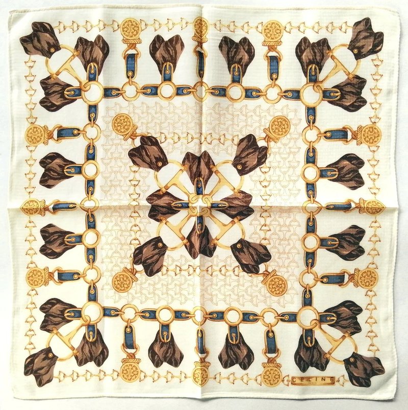 Celine 古董丝巾 - 手帕 金色链条图案 18.5 x 18.5 英寸 - 丝巾 - 棉．麻 黄色