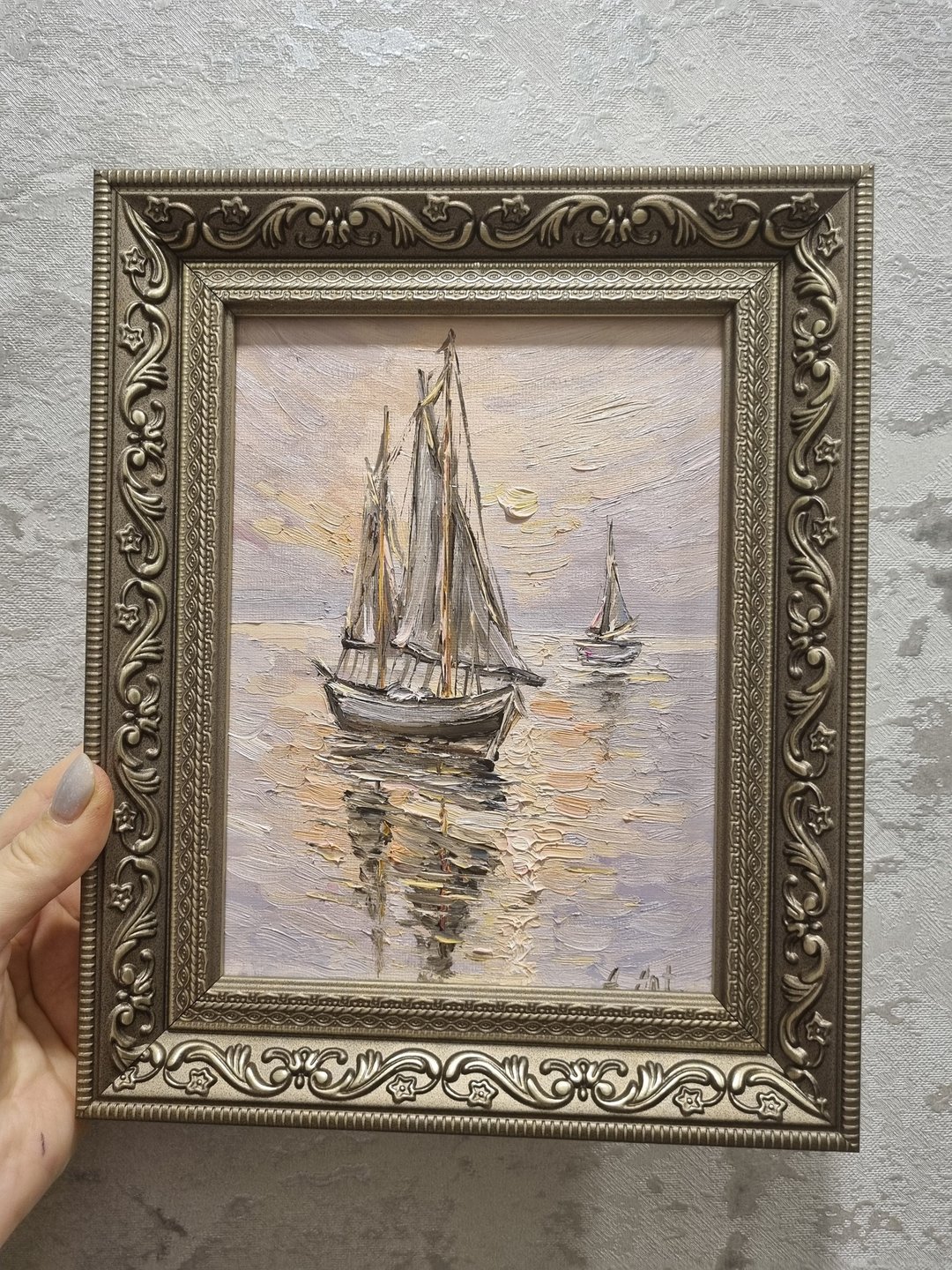海景油画船画原创艺术厚涂艺术品 - 墙贴/壁贴 - 棉 卡其色