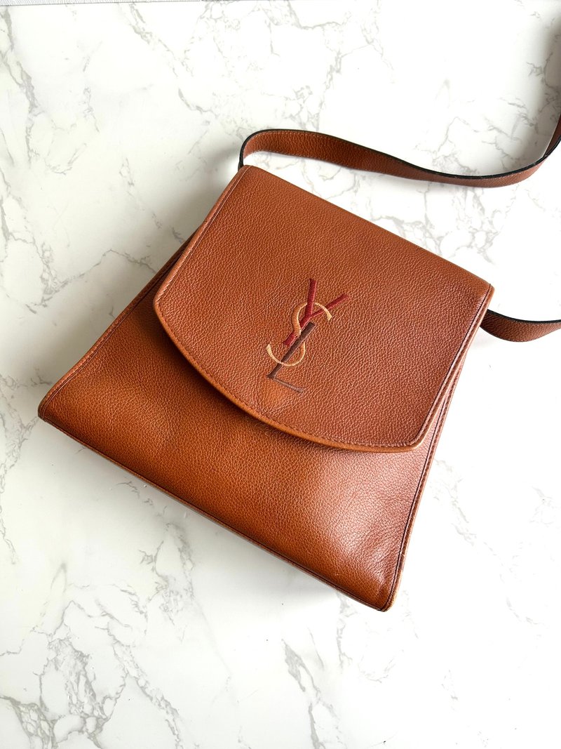 中古包 YSL Saint Laurent 驼色刺绣翻盖包 斜背包 单肩包 侧背包 - 侧背包/斜挎包 - 真皮 咖啡色