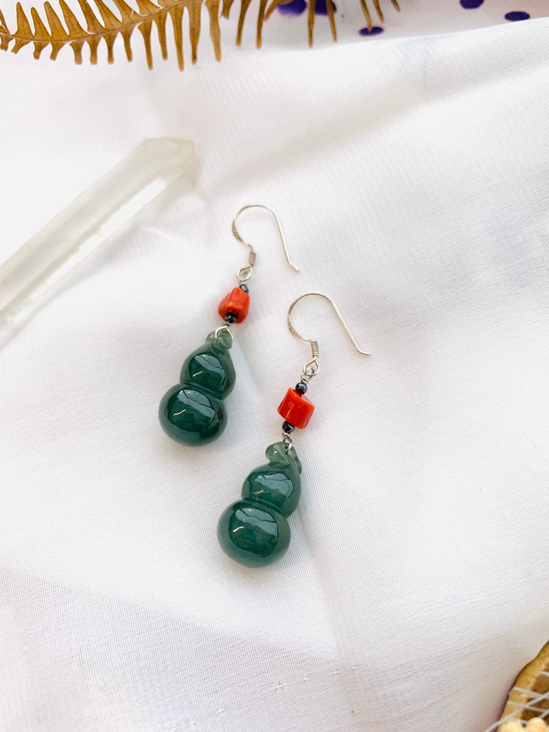 珊瑚管、铁胆石、翡翠油清葫芦、925银耳勾 - 耳环/耳夹 - 玉石 绿色