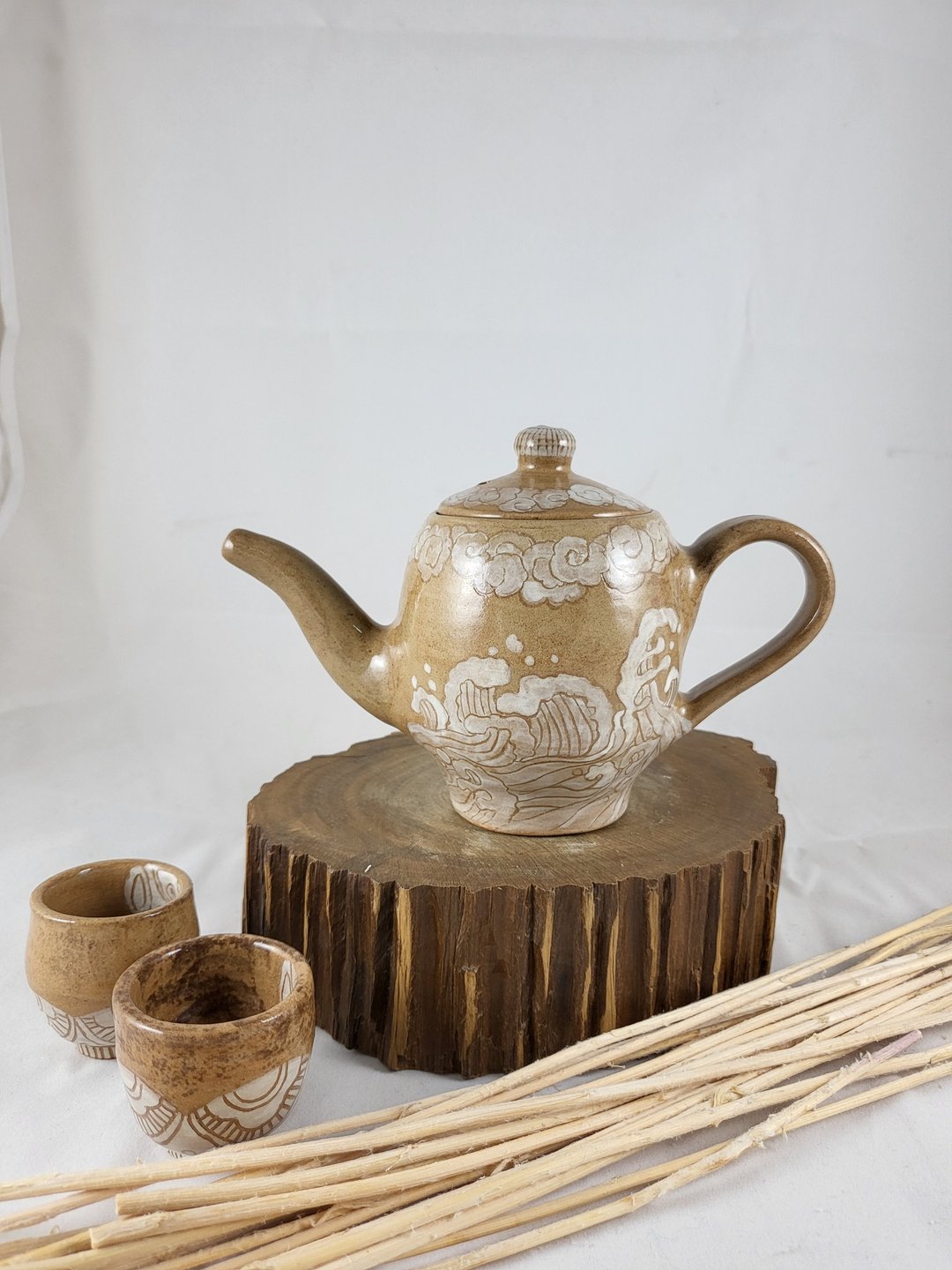 复古风海浪纹茶具组 - 茶具/茶杯 - 陶 卡其色