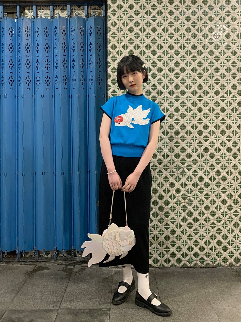 原创设计新中式金鱼针织短袖复古提花上衣 - 女装针织衫/毛衣 - 其他材质 蓝色