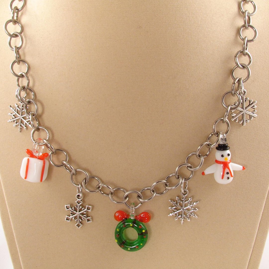 Christmas Necklace Silver Snowflake Lampwork Glass Winter Necklace Jewelry Gift - 项链 - 玻璃 多色