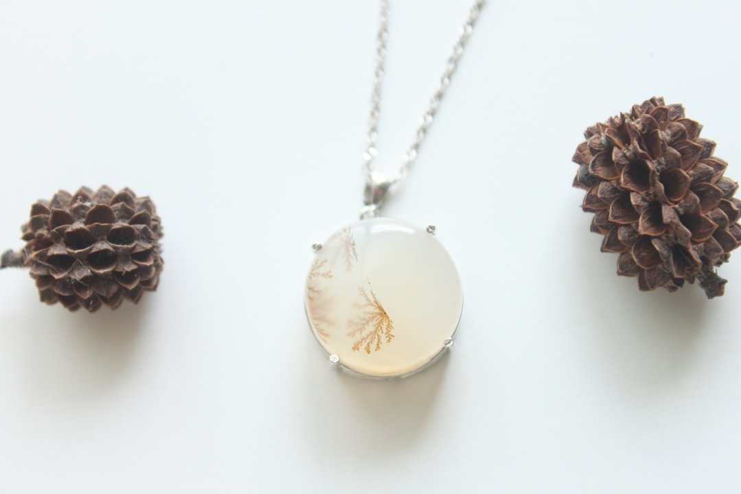 【树纹玛瑙】纯银项链 简约项链 设计师手作商品 - 项链 - 纯银 卡其色