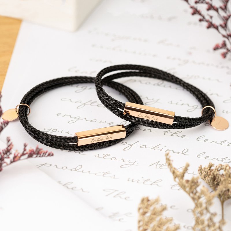 Crudo Leather | 刻字定制编织皮革手环 (墨黑 - 玫瑰金特别版) - 手链/手环 - 真皮 