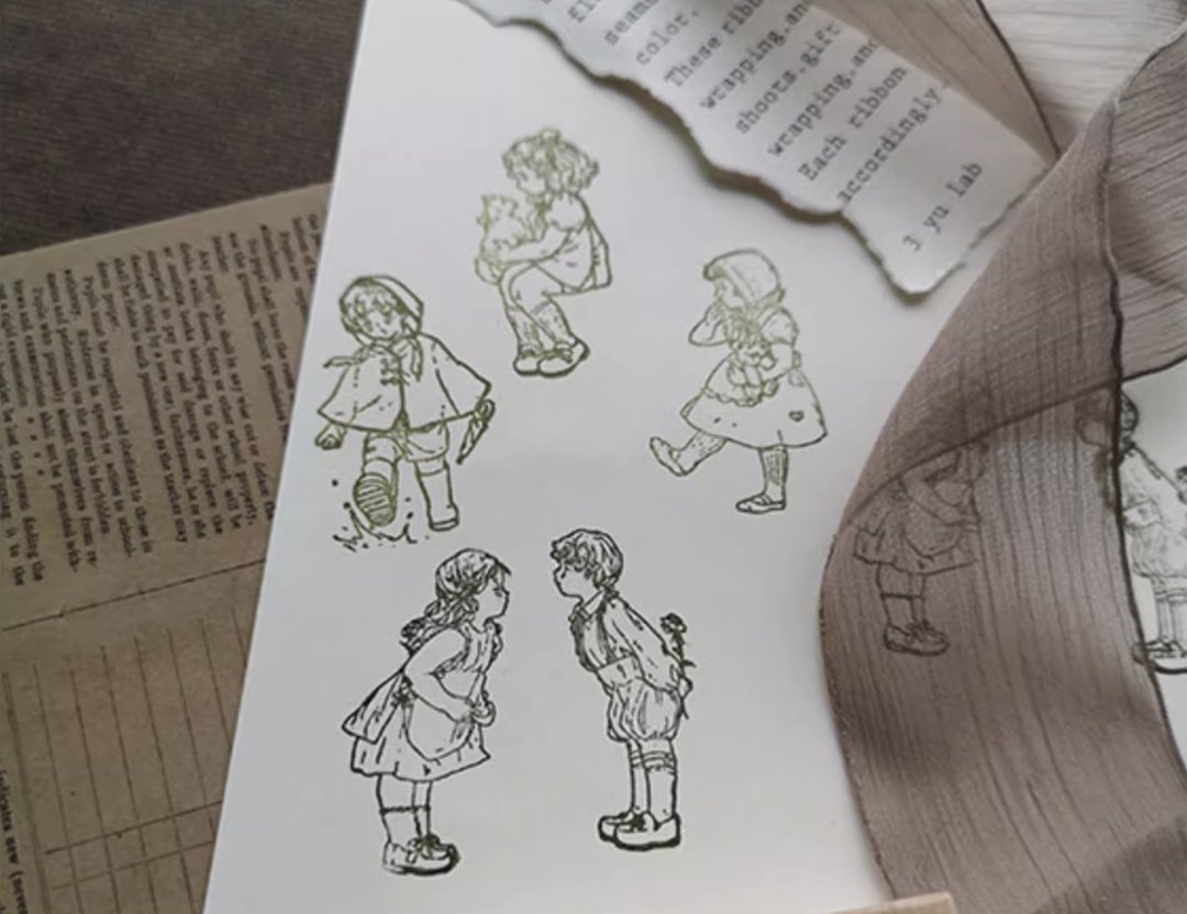 孩子们 昭和孩童 木質手帳印章 套組 - 印章/印台 - 木头 卡其色