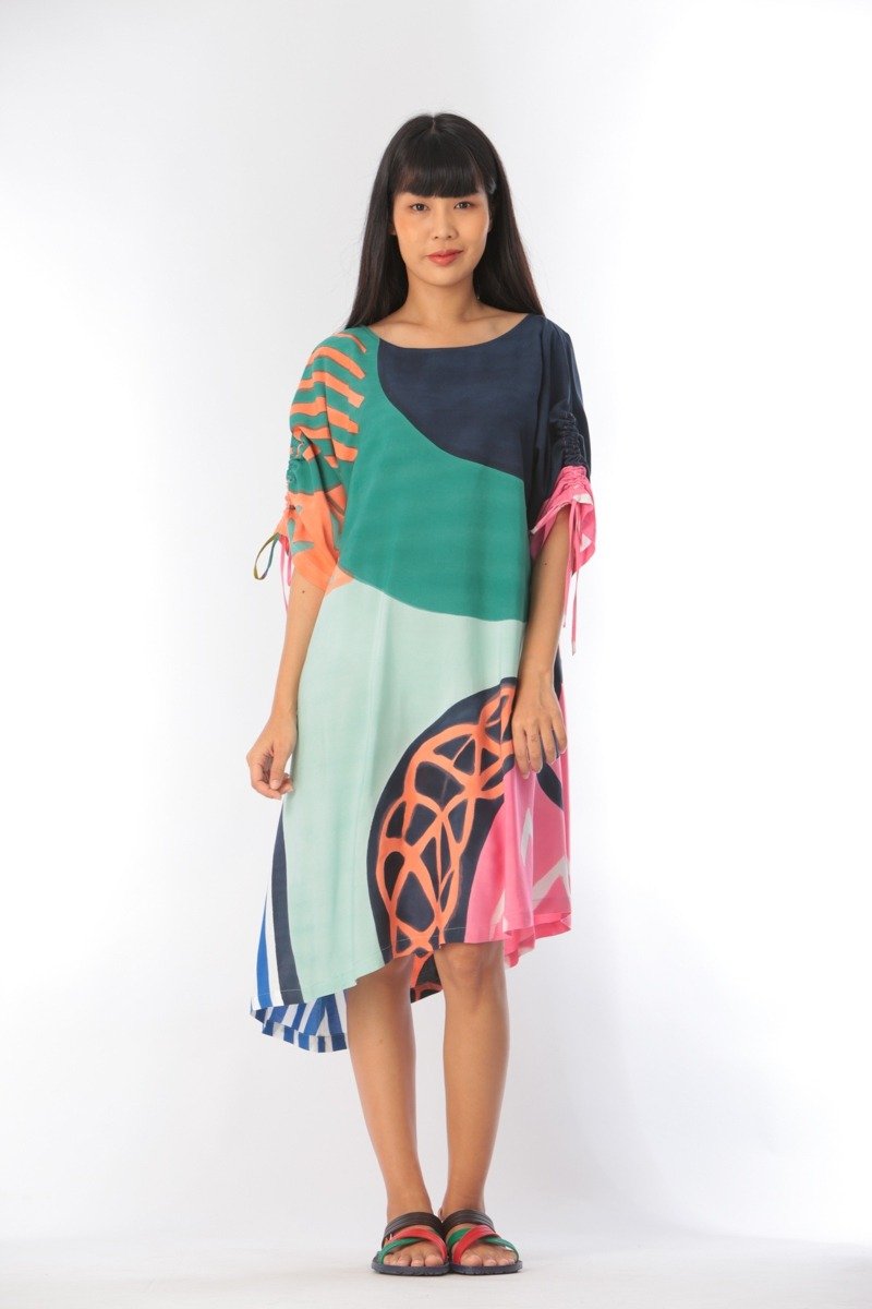 Short Dress Cotton Rayon Hand Painted for Summer resort vaca - 洋装/连衣裙 - 棉 绿色