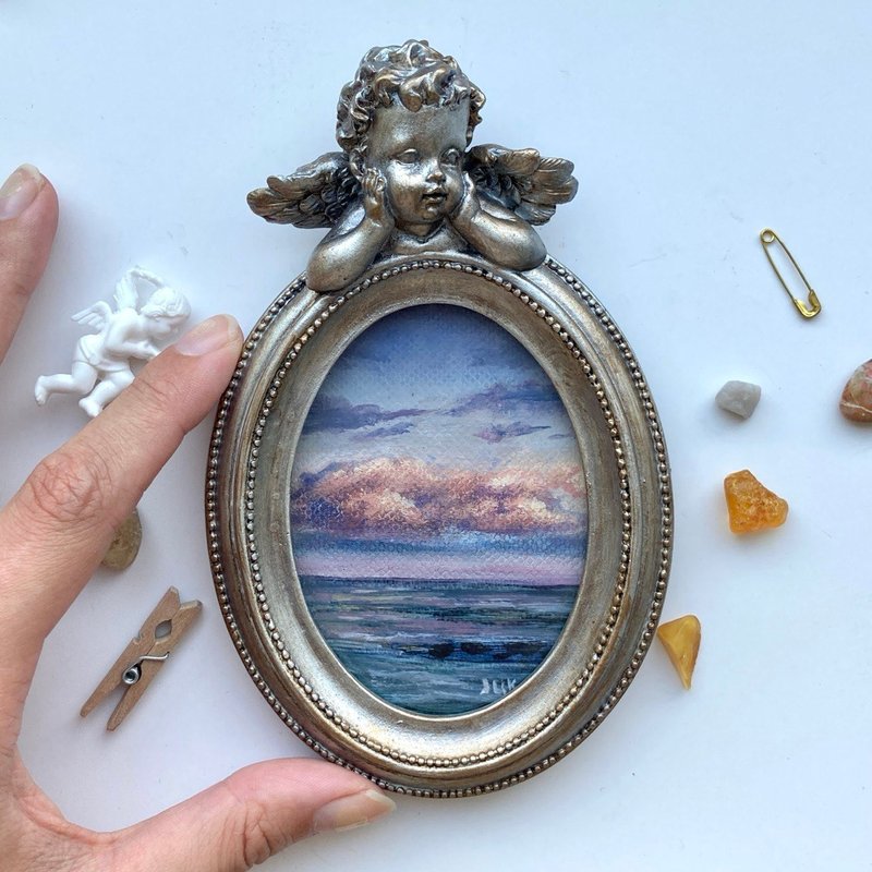 Sunset Oil Painting Original Framed Peaceful Artwork Ocean Clouds Sky 油画 日落画 - 墙贴/壁贴 - 纸 粉红色