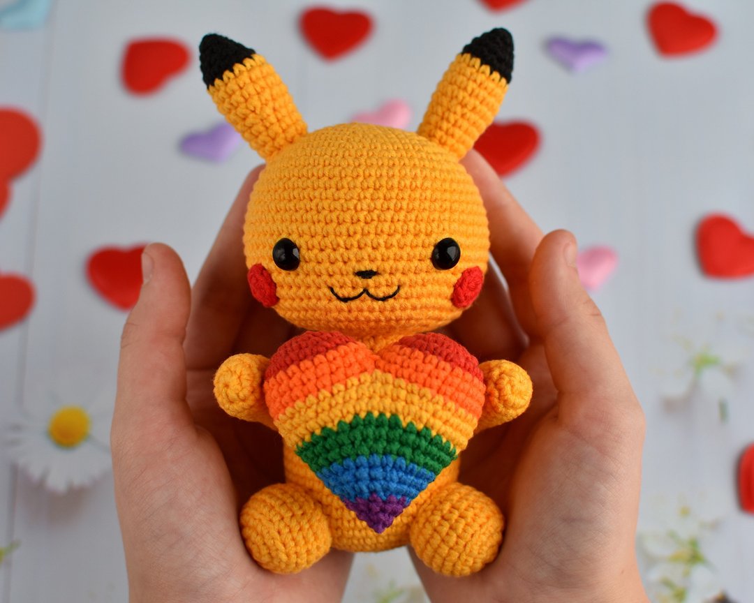 Pikachu plush with rainbow heart / Pride Pikachu / Gift pokemon fan - 玩偶/公仔 - 棉 