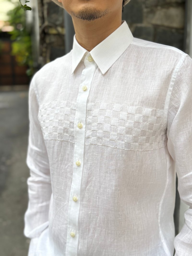 手工刺绣亚麻男士衬衫：格纹度假风尚 - 男装衬衫 - 亚麻 白色