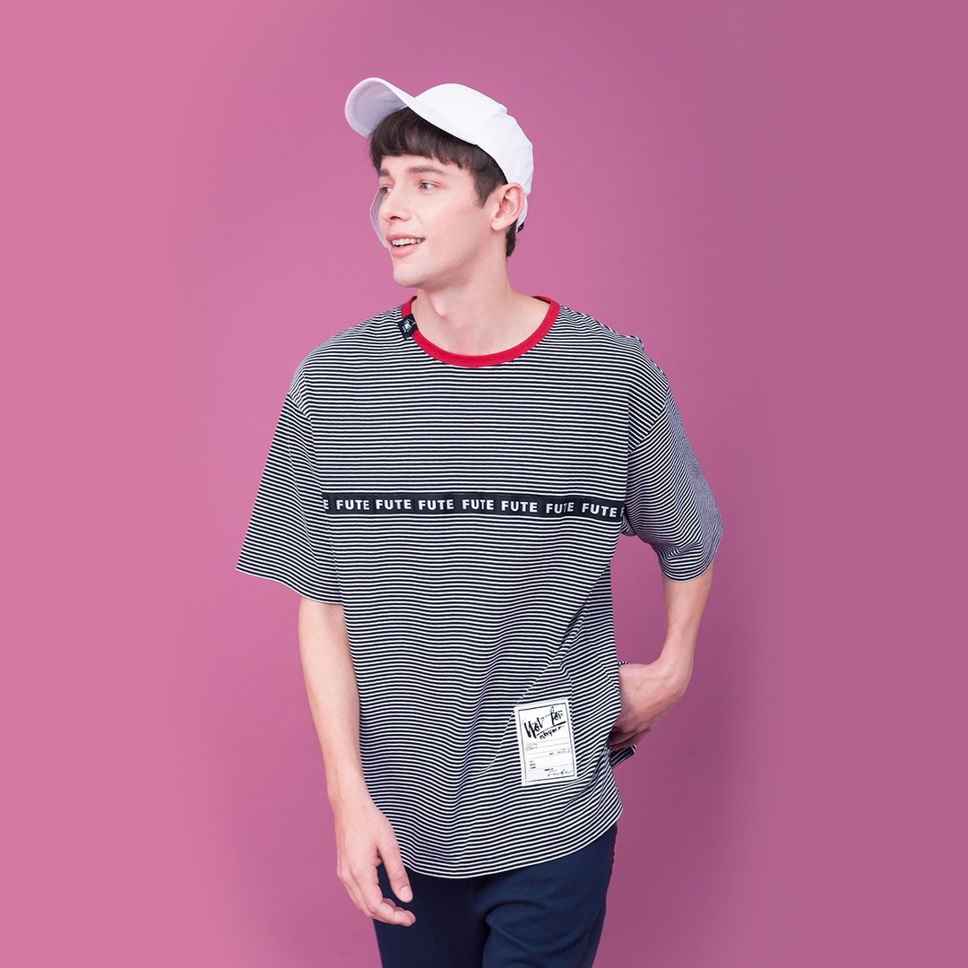 【出清品】中性款 反光织带 宽版条纹圆领T / 黑白条纹 - 男装上衣/T 恤 - 棉 黑色