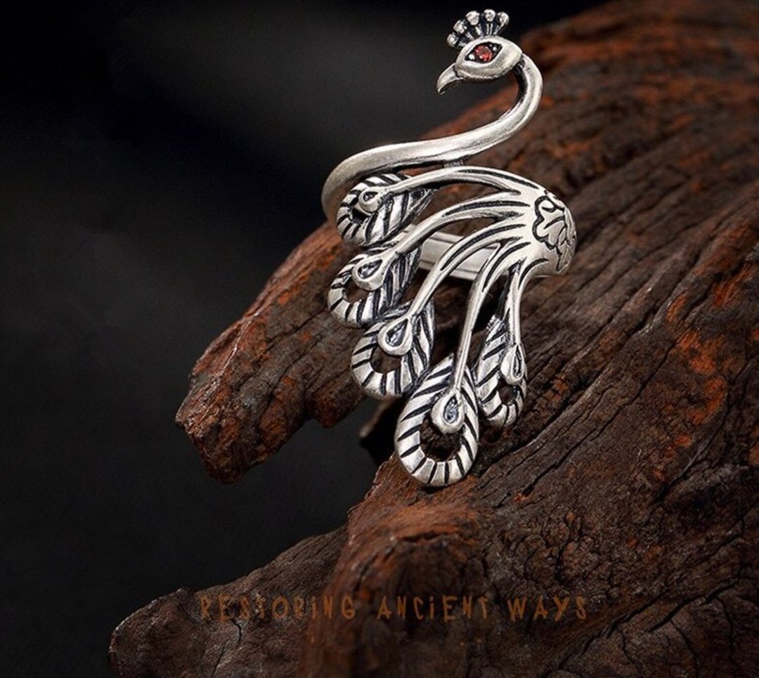 Real 990 Fine Silver Women Handmade Engraved Peacock Finger Rings Hollow Ethnic - 戒指 - 纯银 银色