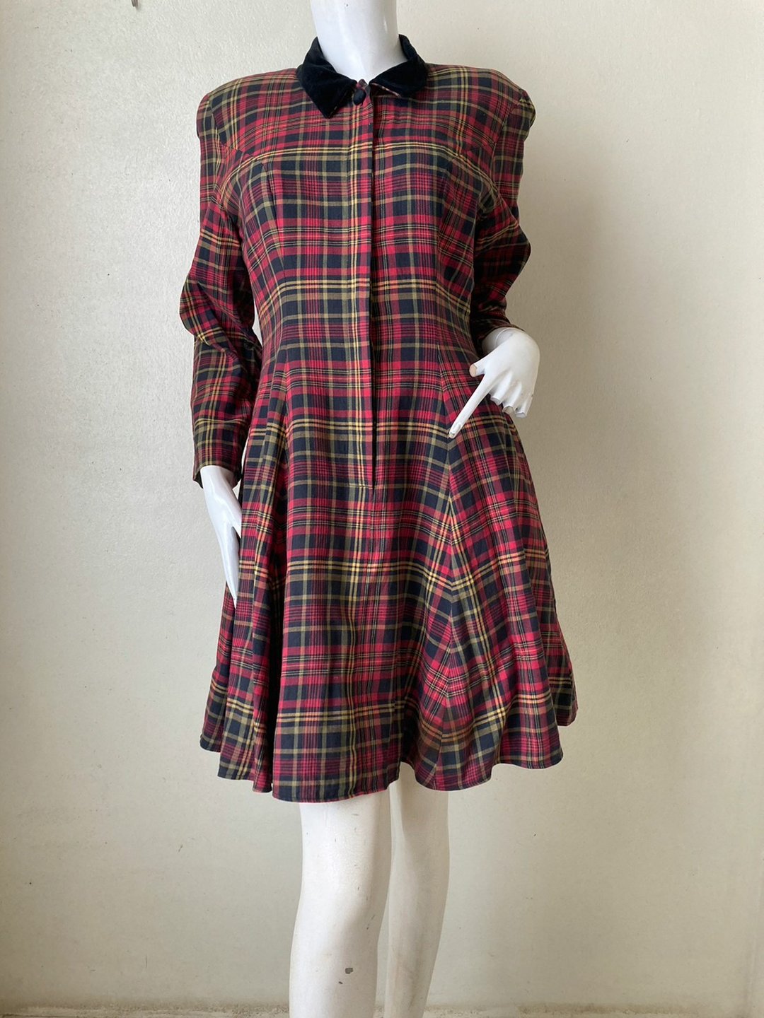 Laura Ashley 洋装 古着 红色格纹 Tartan 钮扣 绒布 迷你 羊毛 乡村 风格 假期 S - 洋装/连衣裙 - 棉 