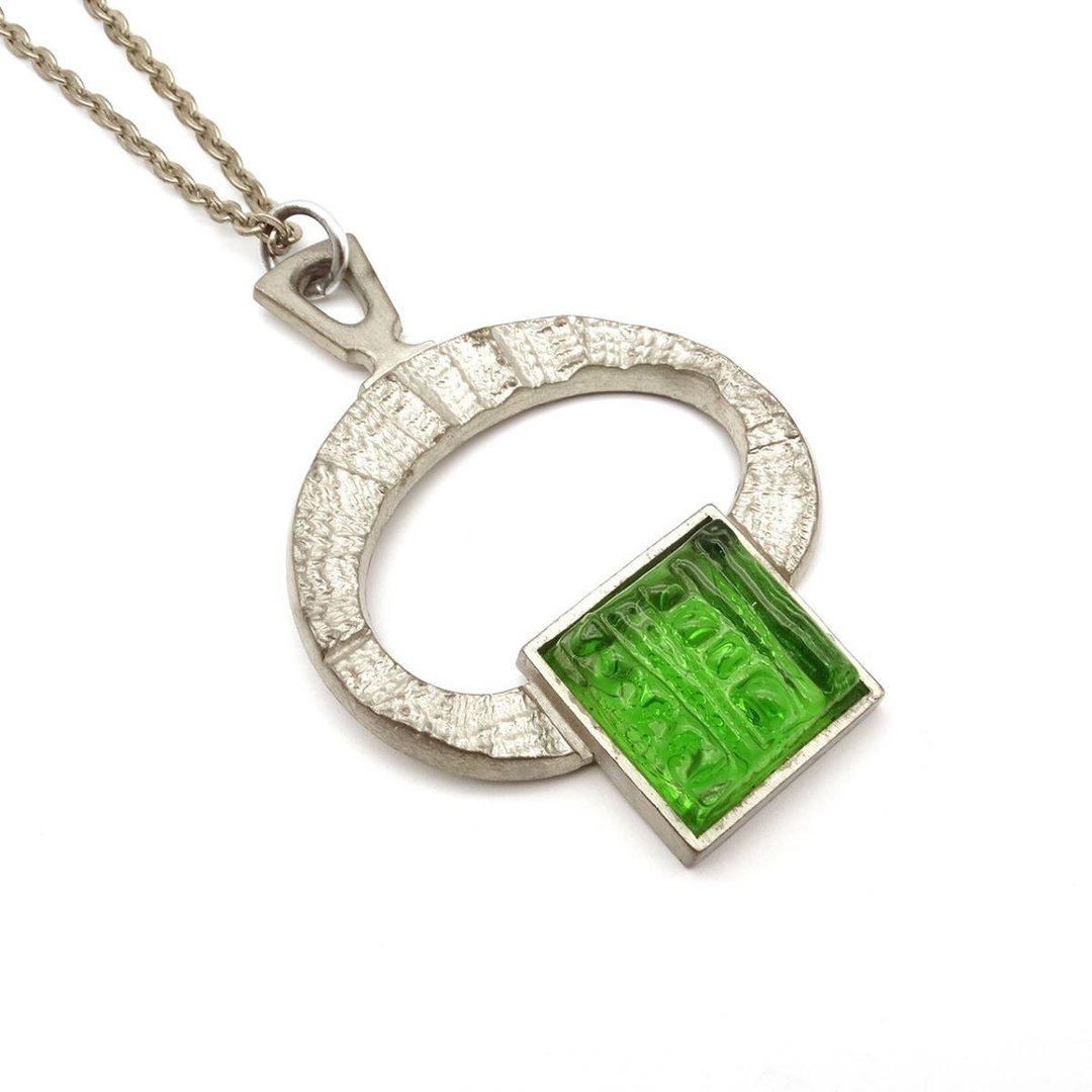 R Tennesmed Sweden Vintage  green glass pewter necklace - 项链 - 其他材质 银色