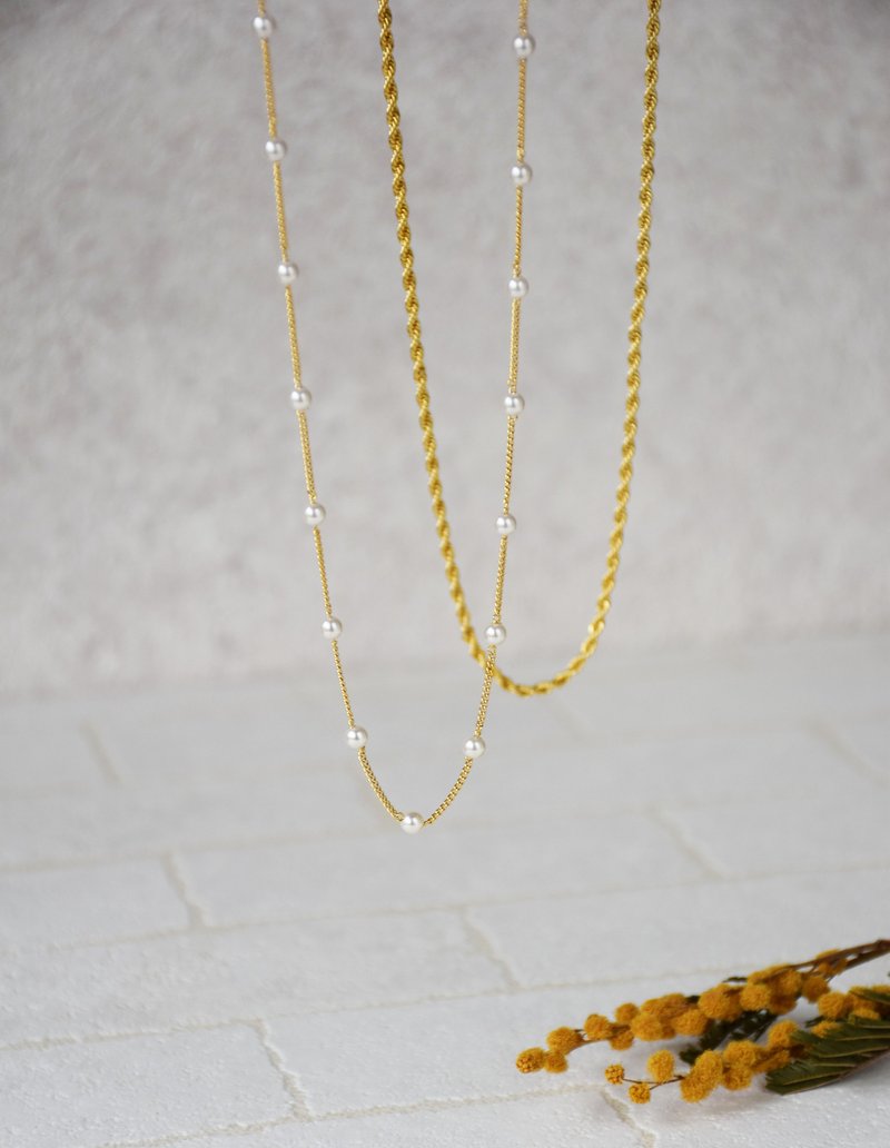 【一套穿搭】黄铜珍珠锁骨链双链混搭 - 项链 - 珍珠 白色