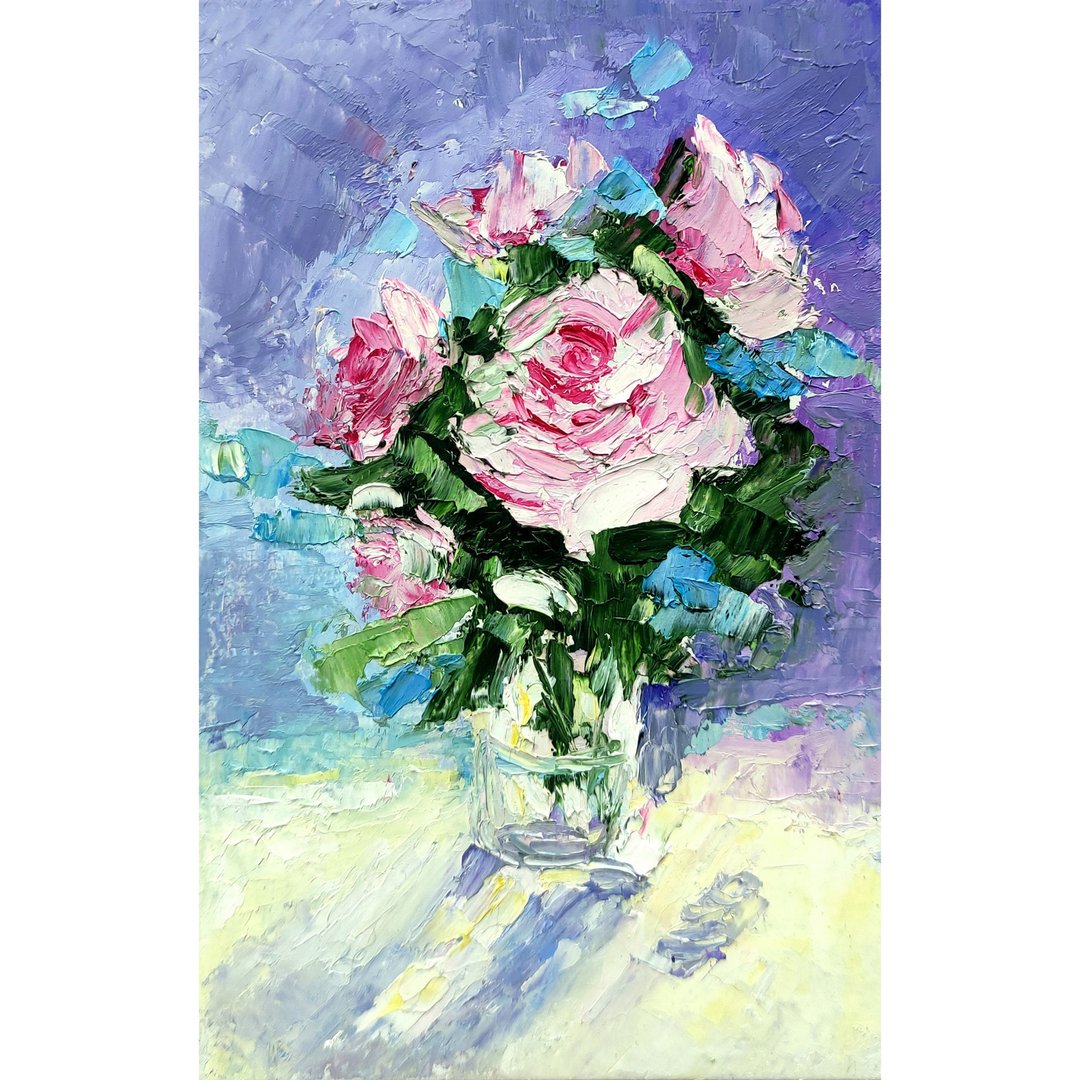 花束原创艺术、粉红玫瑰绘画、小墙艺术、花卉艺术品 - 海报/装饰画/版画 - 其他材质 多色