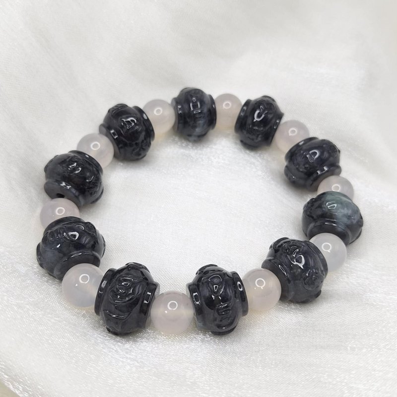 冰乌鸡六字箴言聚宝盆手珠手串珠串 | 天然缅甸玉A货翡翠 - 手链/手环 - 玉石 