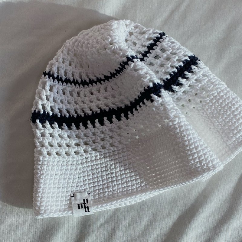 夏季凉感帽 夏季基本款条纹渔夫帽 - 帽子 - 棉．麻 白色