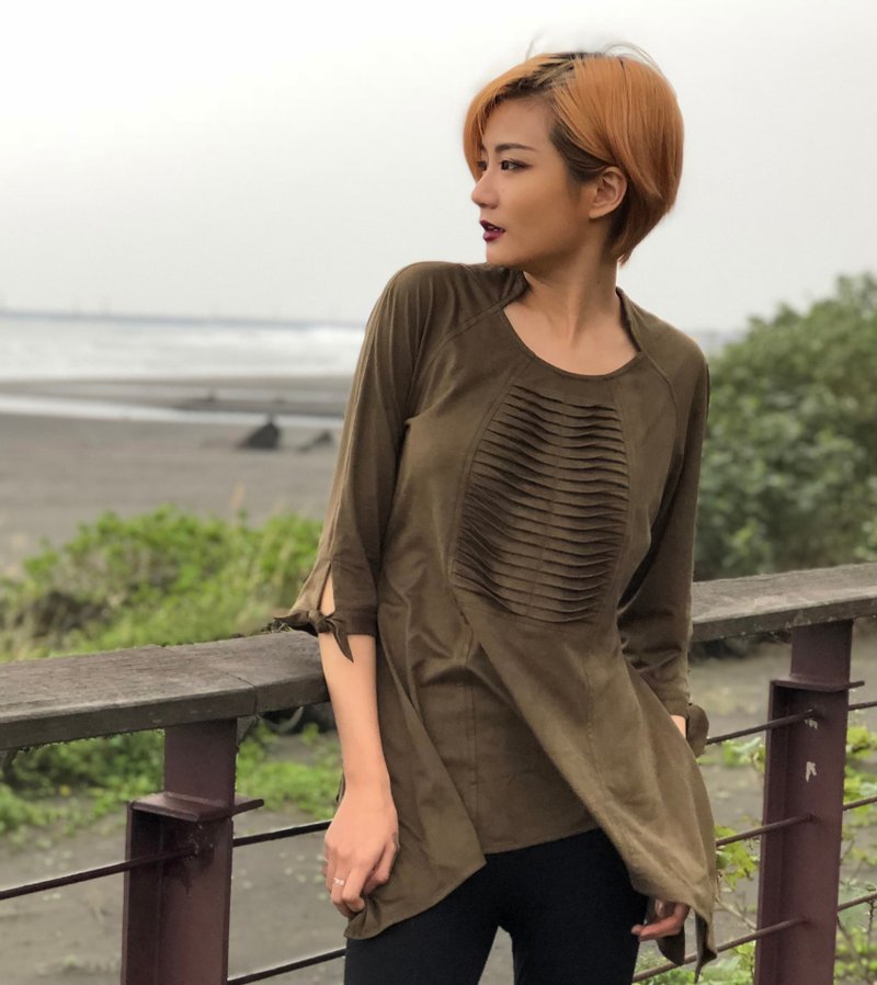 春夏新款拉克兰袖变化褶蝴蝶结麂皮布女士创意上衣 - 女装针织衫/毛衣 - 其他材质 