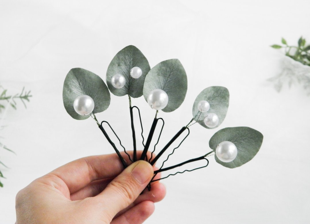 Wedding headpiece Floral hair pins Eucalyptus pearl hair pins Bridal hair piece - 发饰 - 其他材质 绿色