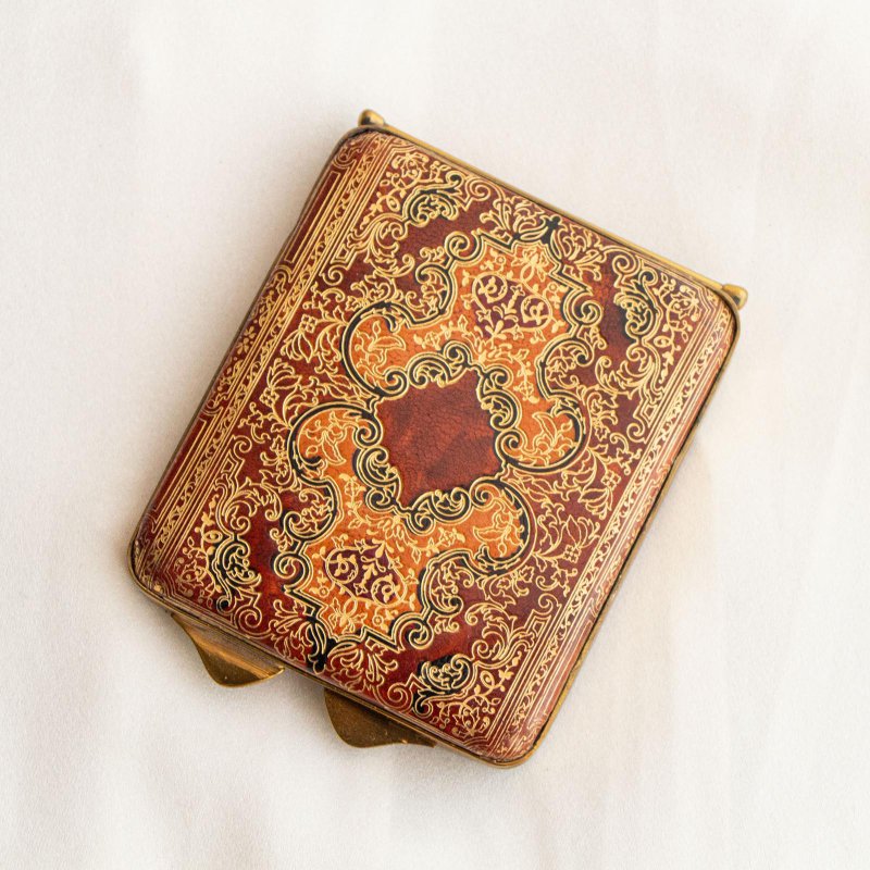 意大利古董 佛罗伦斯印象图腾 砖红染色真皮金色细压纹 老粉扑盒 - 收纳用品 - 真皮 红色