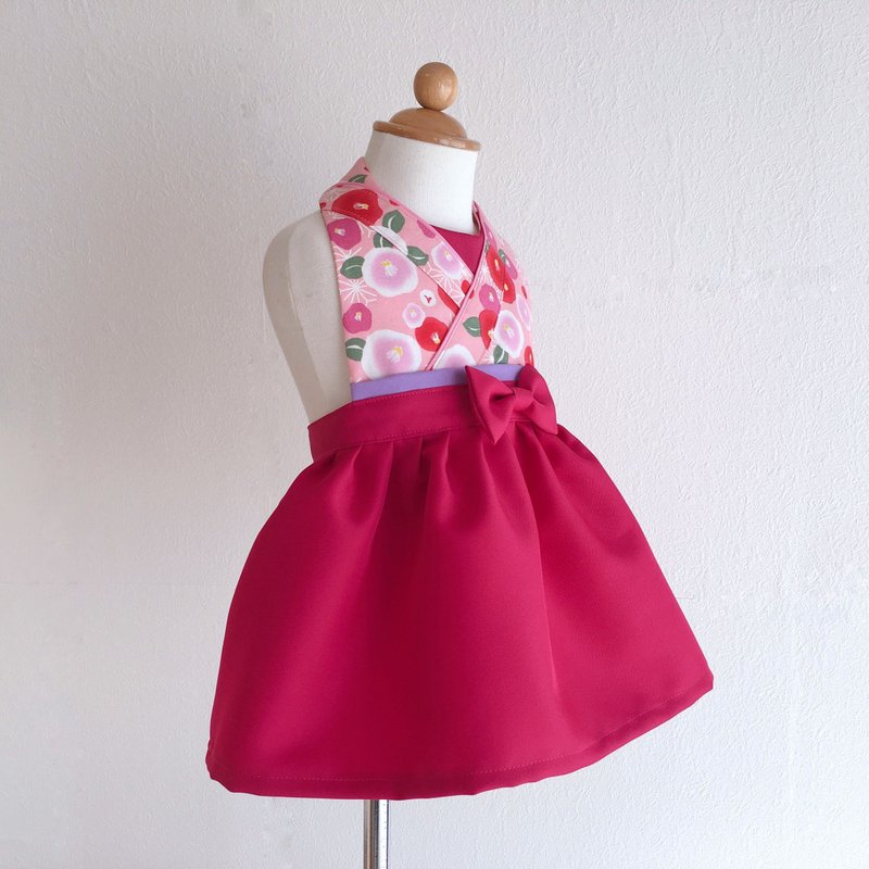Kawaii Kimono Bib Dress(日本和服围兜) - 椿 Pink - Wine - 围嘴/口水巾 - 棉．麻 红色