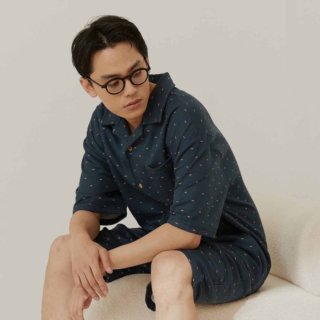 二重纱宽版短袖衬衫居家服套装-深藏蓝/胶原蛋白 - 居家服/睡衣 - 棉 蓝色